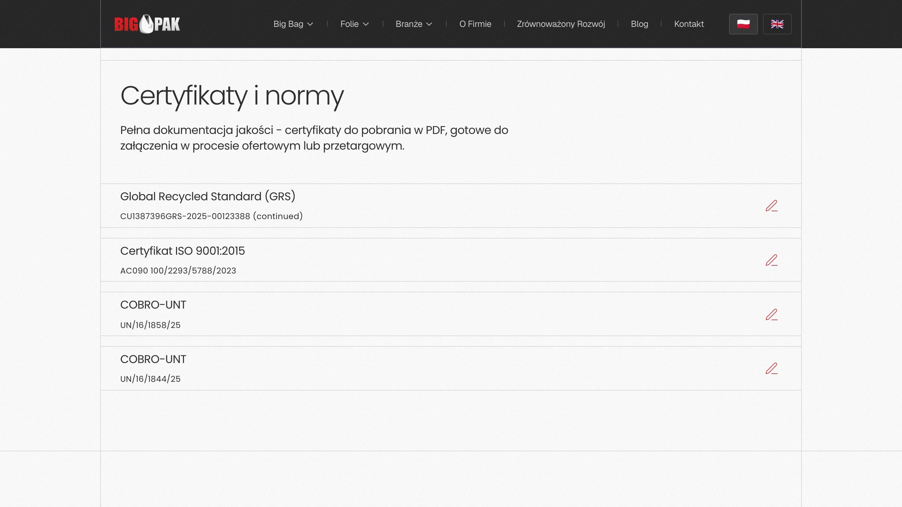 Sekcja „Certyfikaty i normy” z listą dokumentów do pobrania