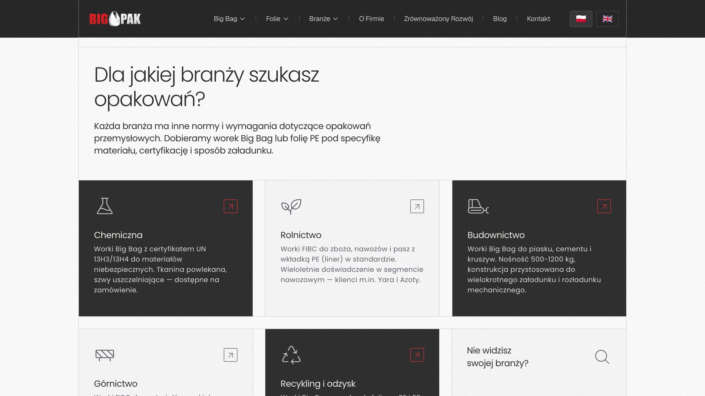 Sekcja „Dla jakiej branży szukasz opakowań?” z kafelkami branż