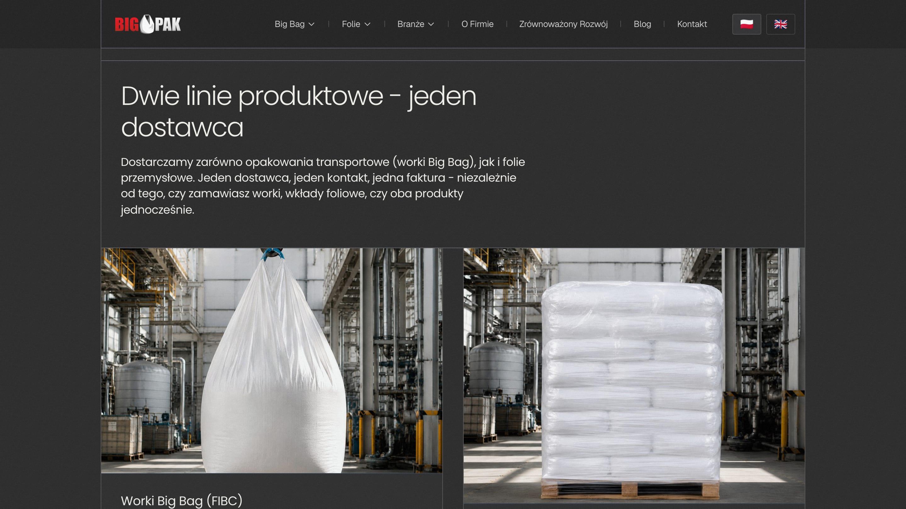 Sekcja „Dwie linie produktowe – jeden dostawca”: worki Big Bag i folie przemysłowe obok siebie